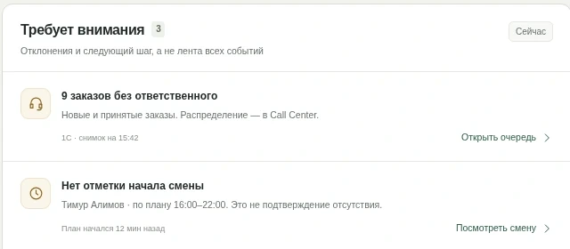 Фрагмент Центра: девять заказов без ответственного и отсутствующая отметка смены требуют проверки. Демонстрационные данные.